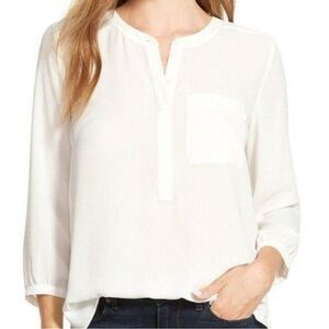 NYDJ White 3/4 Sleeve Relaxed Blouse with Mandarin Collar